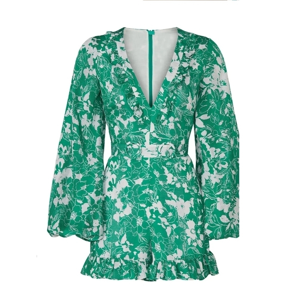 Alexis Cerca Green Floral romper with puff sleeves Size XL